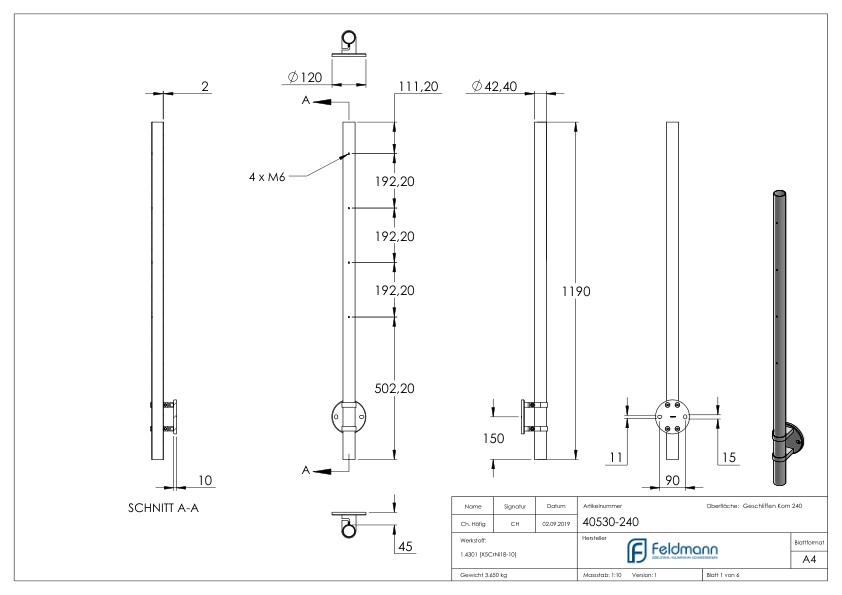Edelstahlpfosten V2A zur Wandmontage, H: 1190mm Edelstahlpfosten V2A zur Wandmontage, H: 1190mm