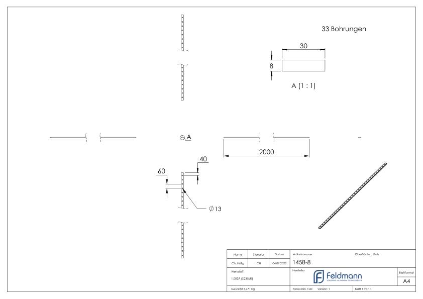 Lochleiste 30x8mm, Lochabstand 60mm, 2000mm