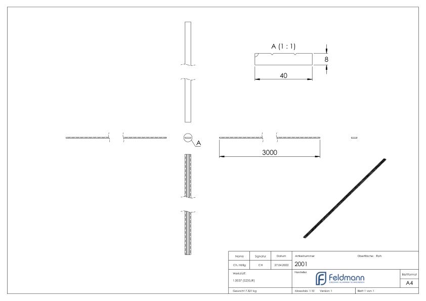 Flacheisen S235JR, 40x8mm, L: 3000mm