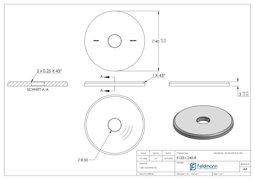 Beilagscheibe 40x3mm mit Fase, Bohrung 8,5mm, V2A