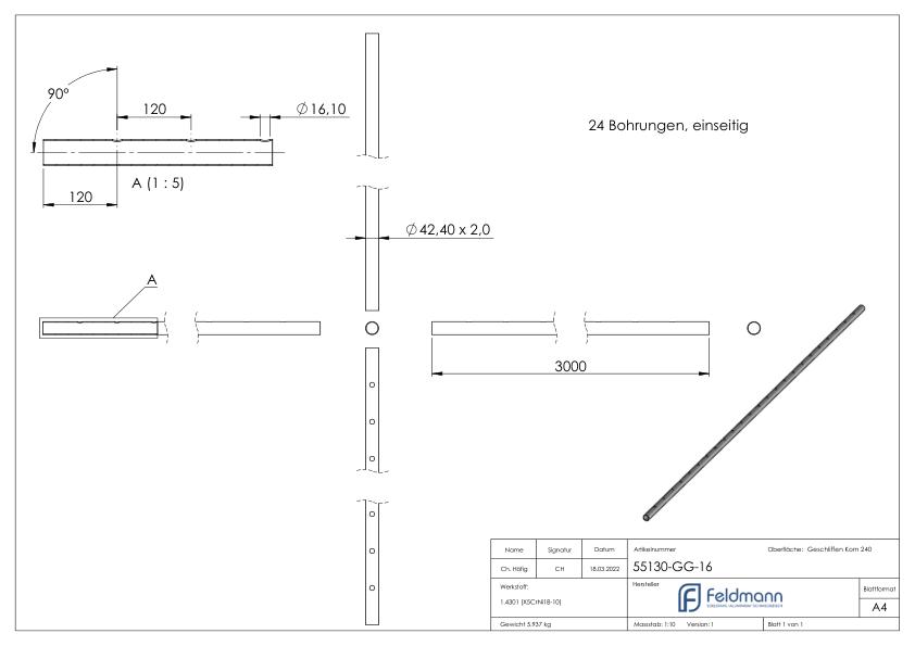 Edelstahlrohr, eins. gelocht 16,1mm, 42,4x2,0mm, L: 3000mm, V2A