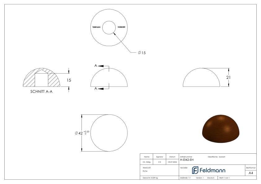 Endstück für Holzhandlauf Eiche Ø 42,4mm