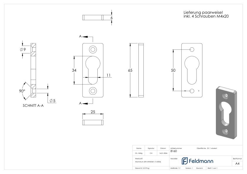 Schlüsselrosette PZ-Alu Vierkant (Paar)