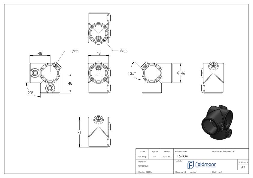 Eckstück, für Rohr Ø 33,7mm