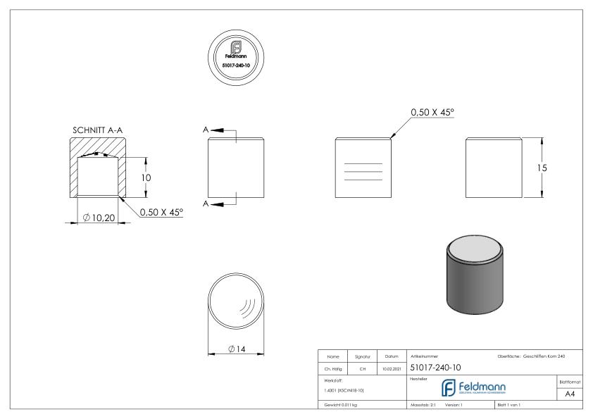 Endkappe für 10mm Rundmaterial, V2A