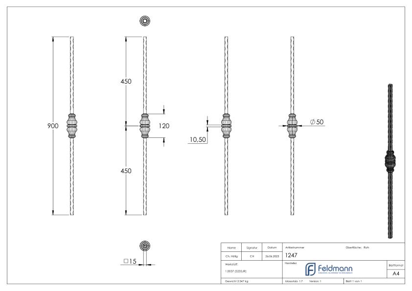 Zierstab 15x15mm, gehämmert, H: 900mm