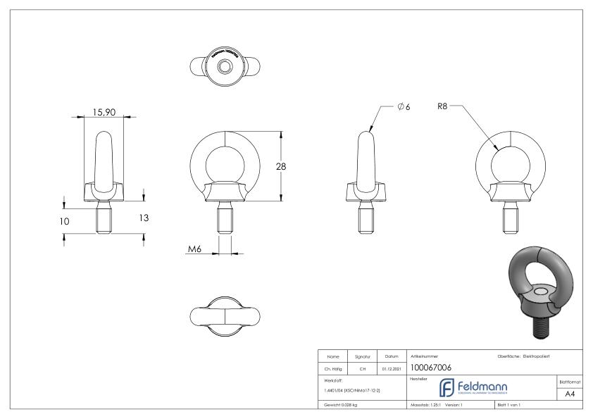 Ringschraube mit Außengewinde DIN 580, Rundeisen: 6mm, V4A