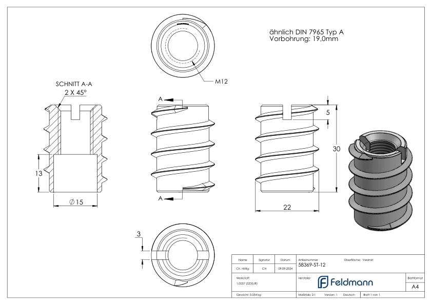 Rampa-Muffe M12x30, Stahl verzinkt