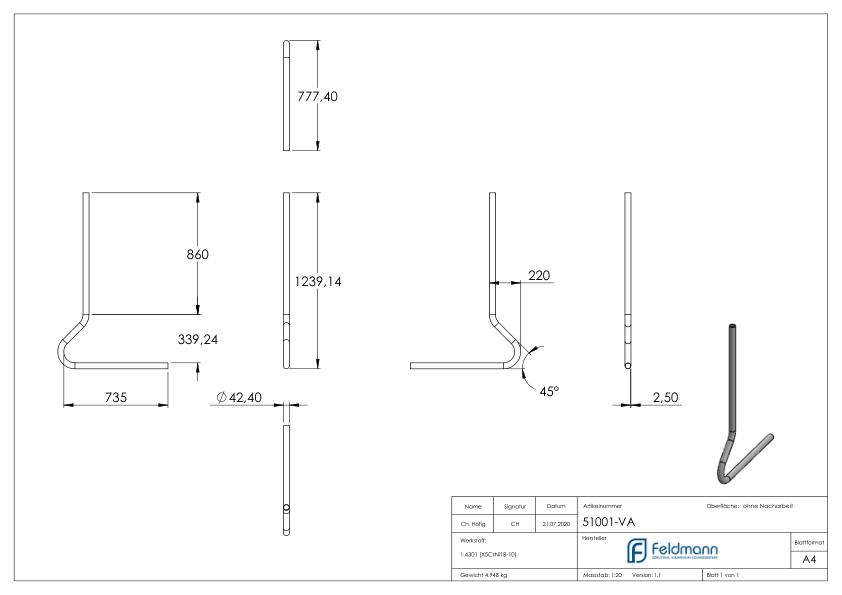 Pfosten gebogen, aus Rohr 42,4mmx2,5mm, V2A
