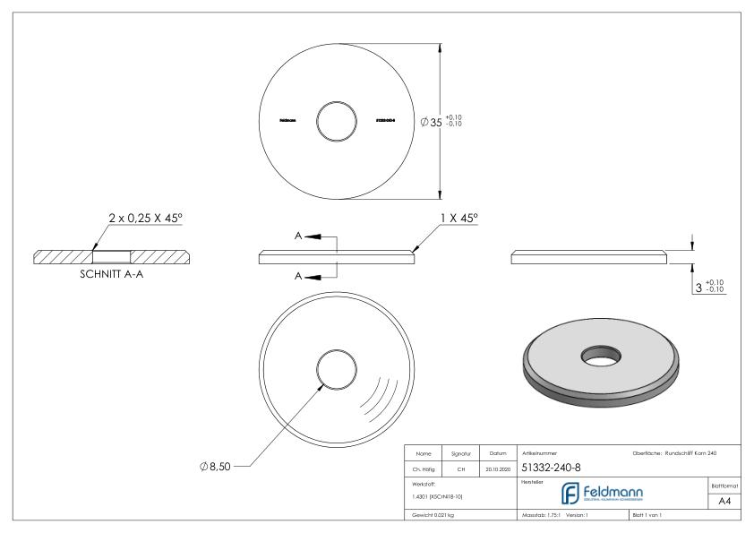 Beilagscheibe 35x3mm mit Fase, Bohrung 8,5mm, V2A