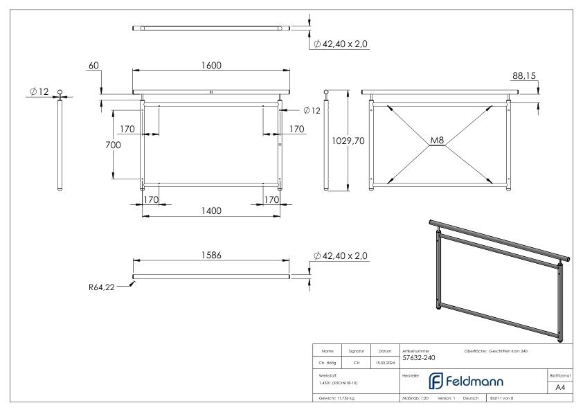 Französisches Balkongitter, gerade, Breite 1,4m, V2A