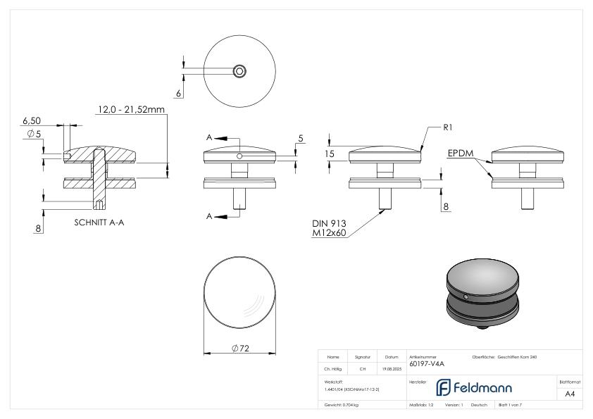 Glaspunkthalter 72mm, Anschluss: flach, V4A