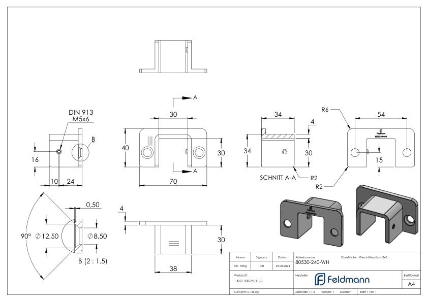Wandhalterung für Edelstahl-U-Profil 80530-XXX, V2A