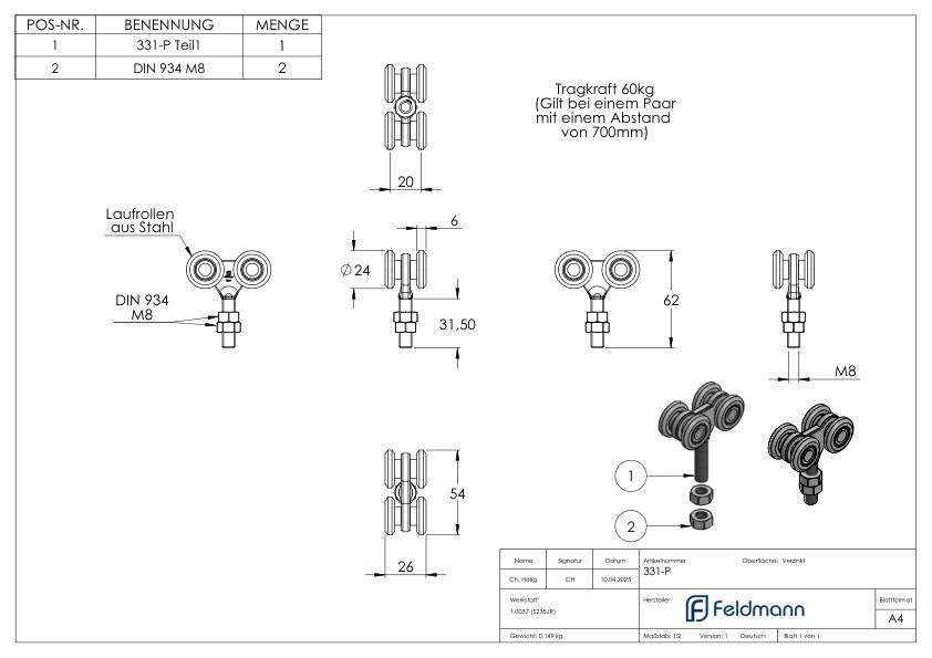 Doppellaufrolle mit Kugellager