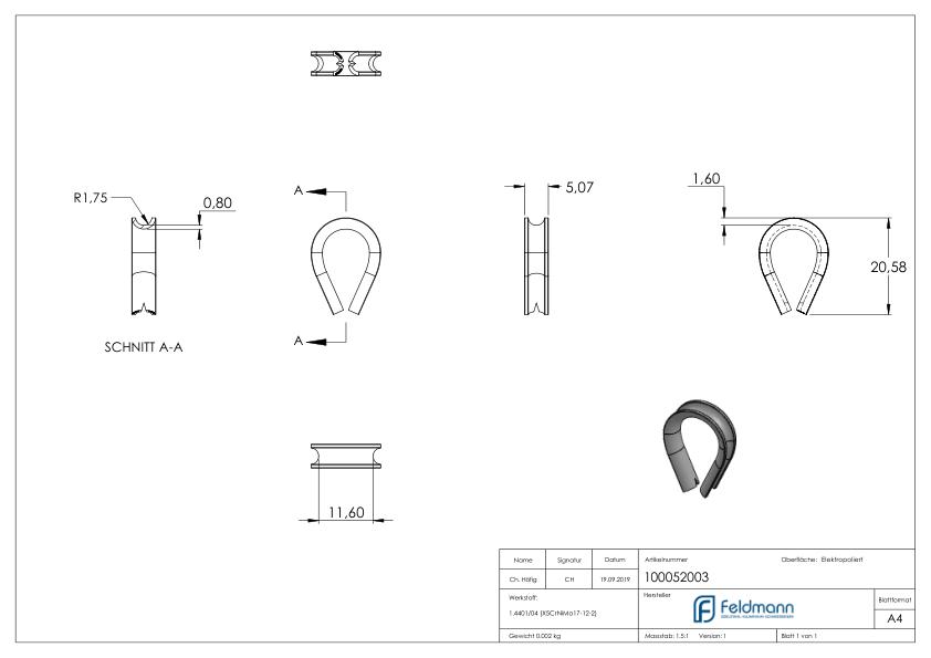Kausche für Seil 3mm, V4A Kausche für Seil 3mm, V4A