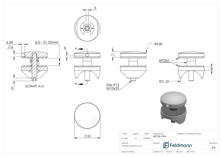 Glaspunkthalter 52mm, Anschluss: 42,4mm, V4A