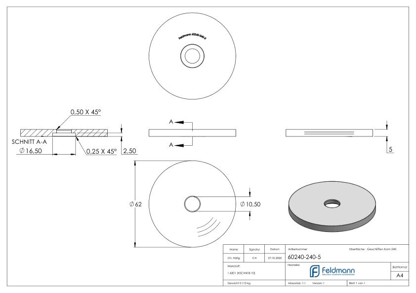 Unterteil für 62mm Glaspunkthalter, t: 5mm, V2A Unterteil für 62mm Glaspunkthalter, t: 5mm, V2A