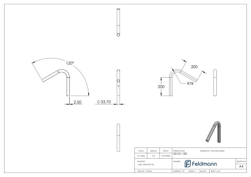 Rohrbogen 120°, aus Rohr 33,7x2,5mm, V2A