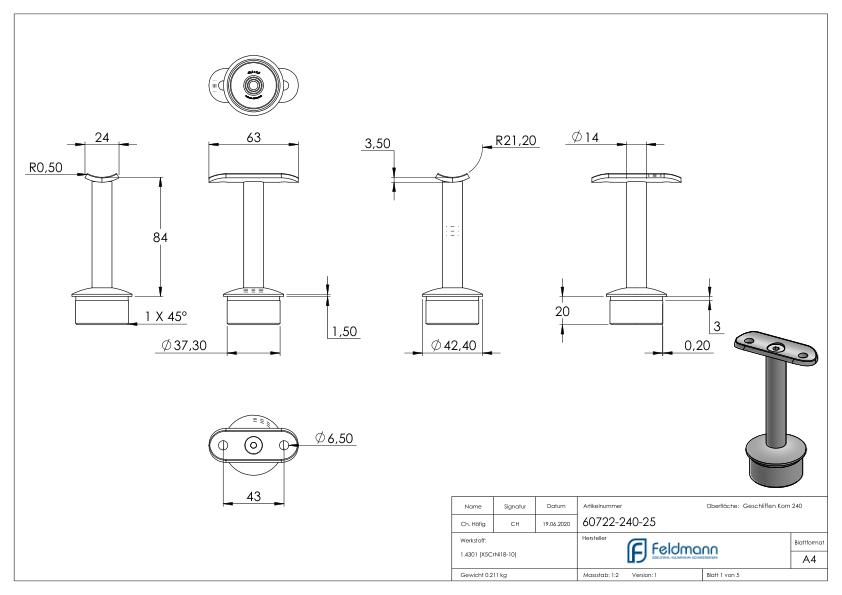 Rohrabschlussstopfen für Rohr 42,4x2,5mm, Handlaufanschlussplatte: 42,4mm, V2A