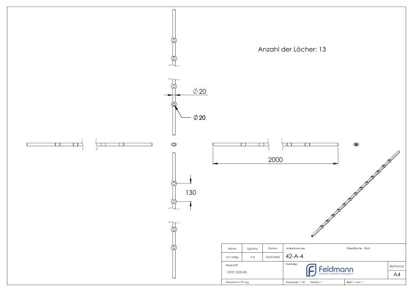 Lochleiste S235JR, 20mm, Lochabstand 130mm, 2000mm