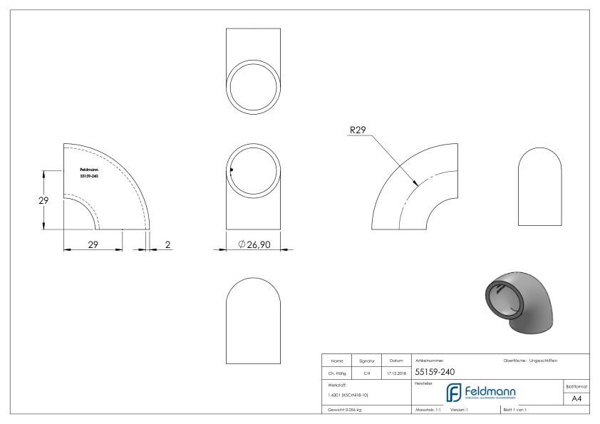 Schweißbogen 90°, 26,9x2,0mm, ungeschliffen, V2A
