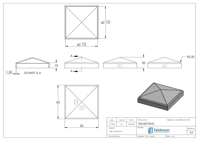 Pyramidenkappe, für Rohr 60x60mm, V2A