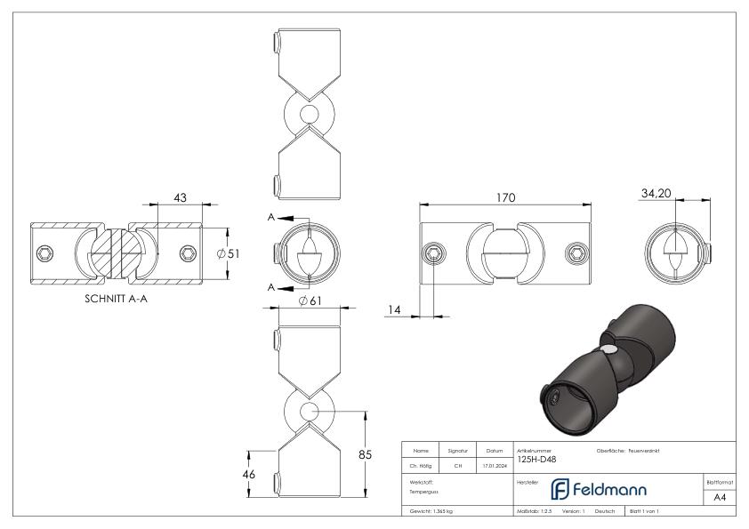 Gelenk, verstellbar, für Rohr Ø 48,3mm