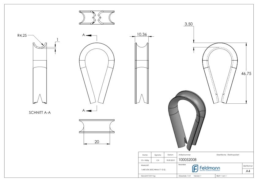 Kausche für Seil 8mm, V4A Kausche für Seil 8mm, V4A
