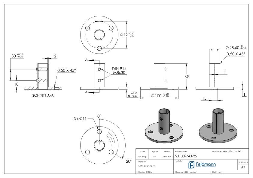 Wand- und Bodenanker, für Rohr 33,7x2,5mm, V2A