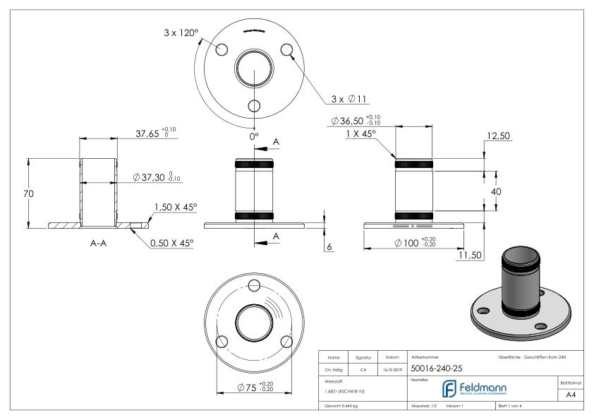 Wand- und Bodenanker mit Rändelung, für Rohr 42,4x2,5mm, V2A