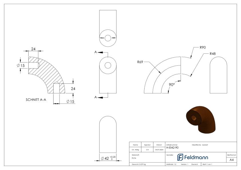 90° Bogen für Holzhandlauf Eiche