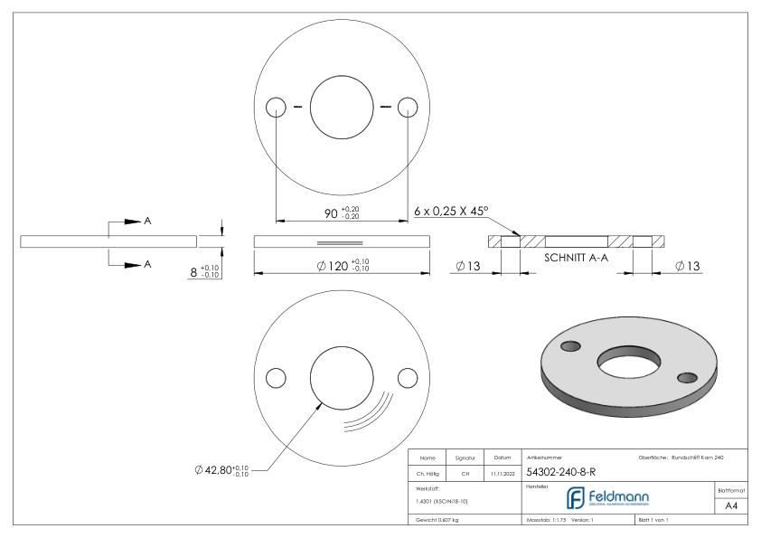 Ankerplatte Ø 120x8mm, mit Rundschliff, V2A