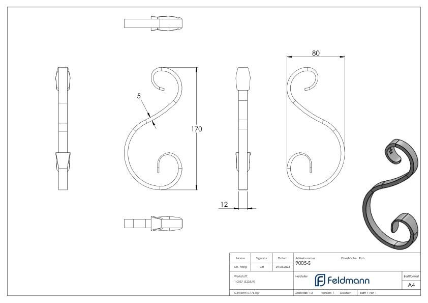 S-Schnecke 12x5mm, 170x80mm