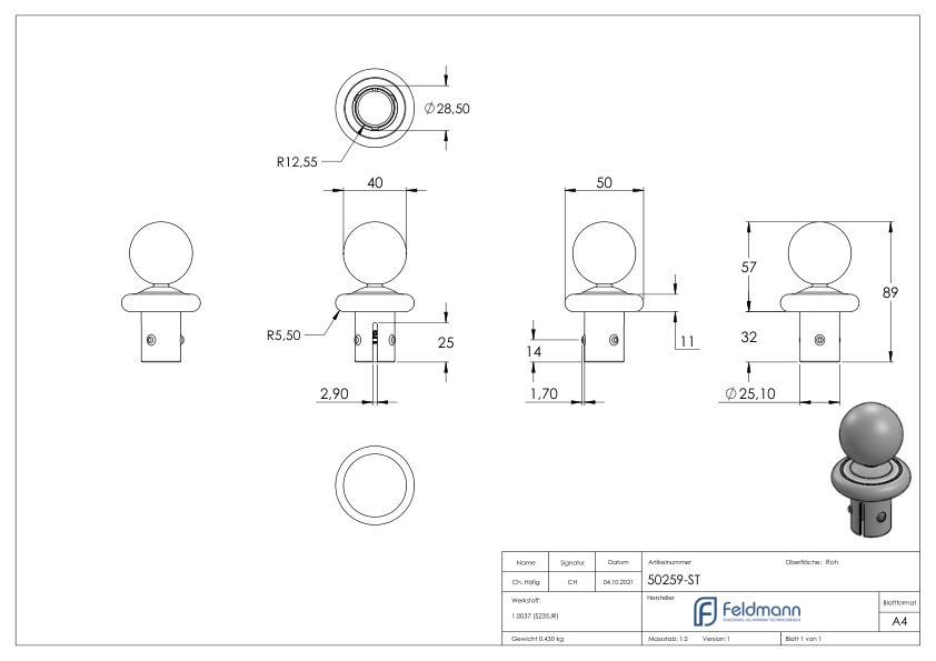 Kugelrohrknopf Eisen für 33,7mm
