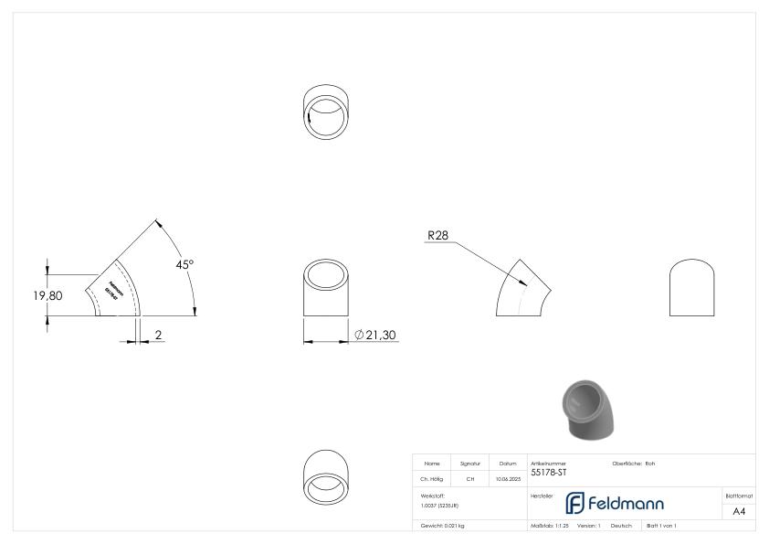 Schweißbogen 45°, 21,3 x 2,0mm, Bauart 3