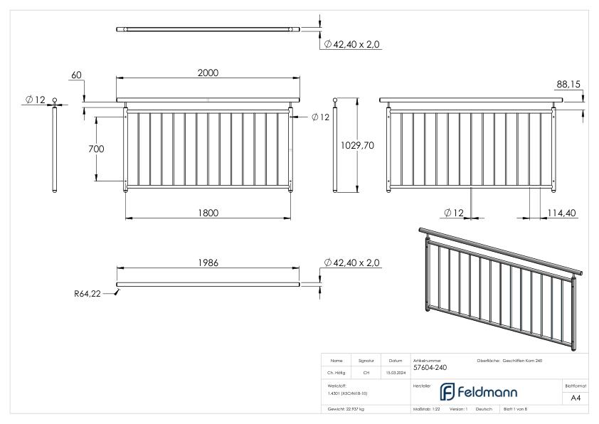 Französisches Balkongitter, gerade, B: 1,8m, V2A