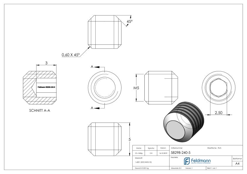 Gewindestift M5x5, V2A, DIN 913 / ISO 4026 Gewindestift M5x5, V2A, DIN 913 / ISO 4026