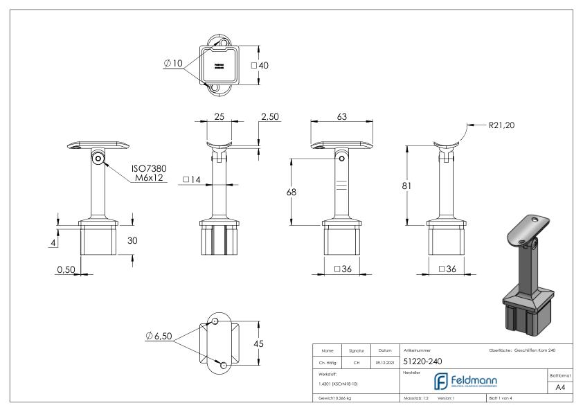 Rohrabschlussstopfen mit Gelenkstift für Rohr 40x40x2mm, V2A