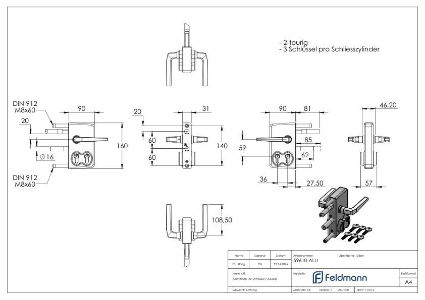 Doppelzylinderschloss LDKZD1 für 60x60mm Profile, Farbe silber