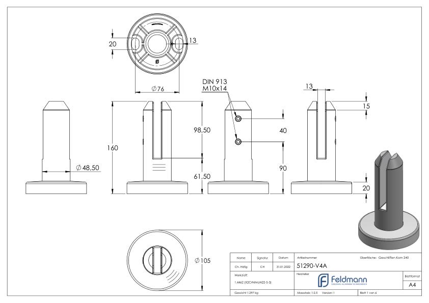 Bodenglashalter rund, für Glas 12 - 12,76mm, V4A