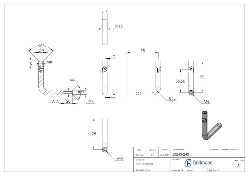 Bügel Ø 12mm, mit Gelenk, 90° gebogen, V2A