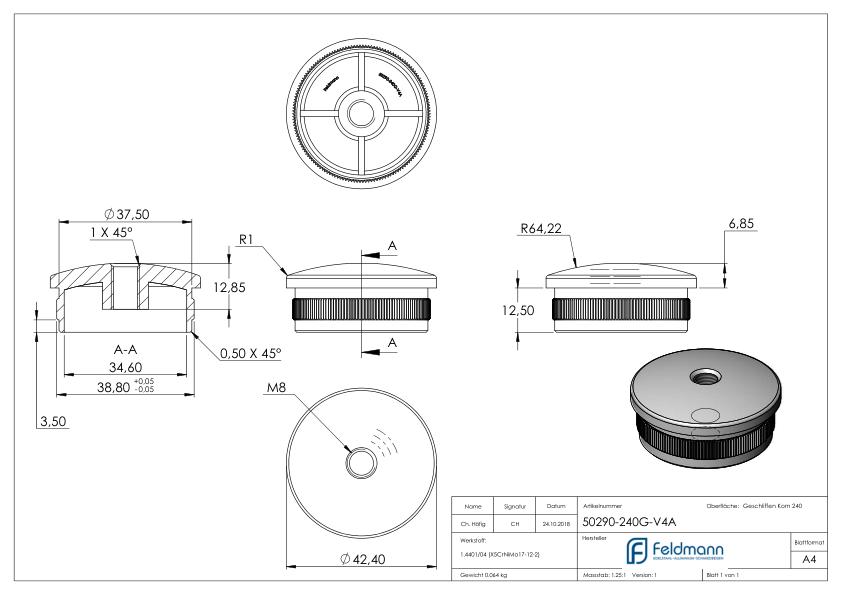 Rohrabschlussstopfen, für Rohr 42,4x2,0mm, V4A