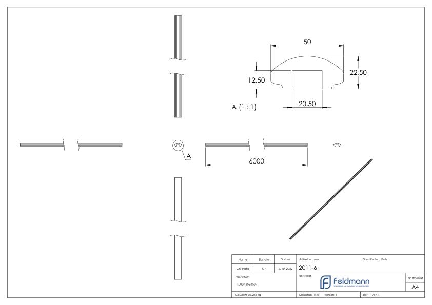 Handlauf 50x22,5mm mit Nut 20,5x12,5mm, L: 6000mm