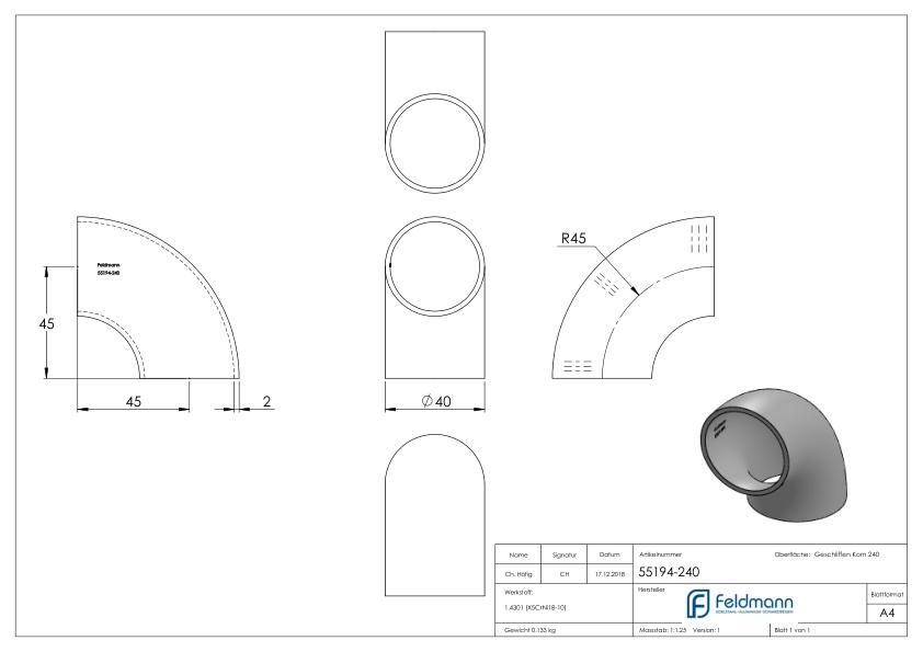 Schweißbogen 90°, 40,0x2,0mm, V2A