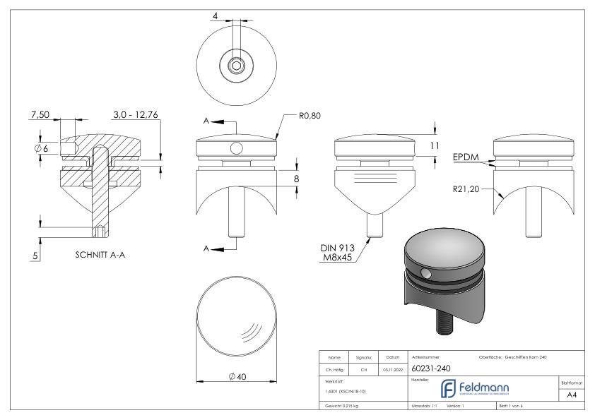 Glaspunkthalter 40mm, Anschluss: 42,4mm, V2A