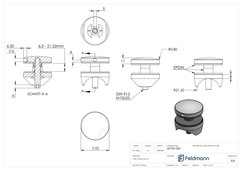 Glaspunkthalter 52mm, Anschluss: 42,4mm, V2A