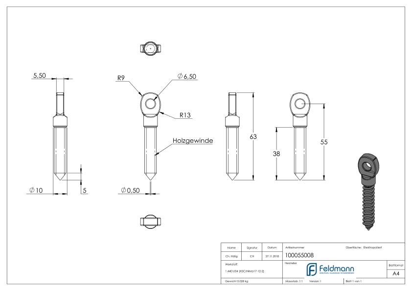Augenschraube, mit Holzgewinde 8mm, V4A
