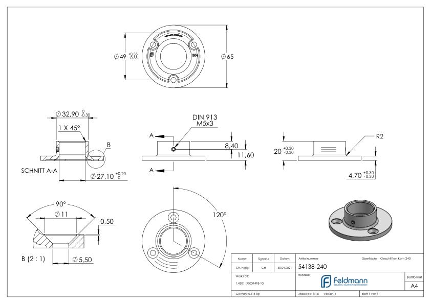 Wand- und Bodenanker, für Rohr 26,9mm, V2A