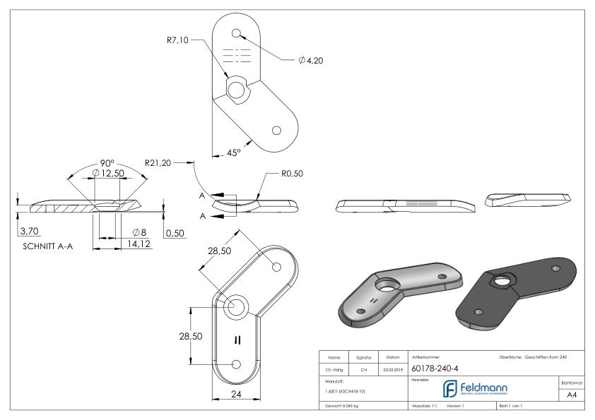 Handlaufanschlussplatte 135° 42,4mm, V2A
