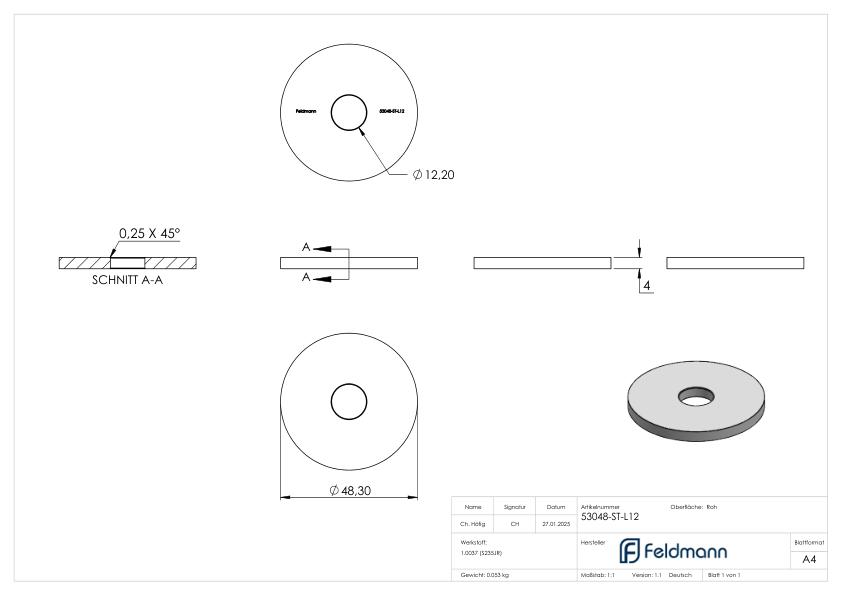 Ronde 48,3x4mm mit Ø 12,2mm Bohrung